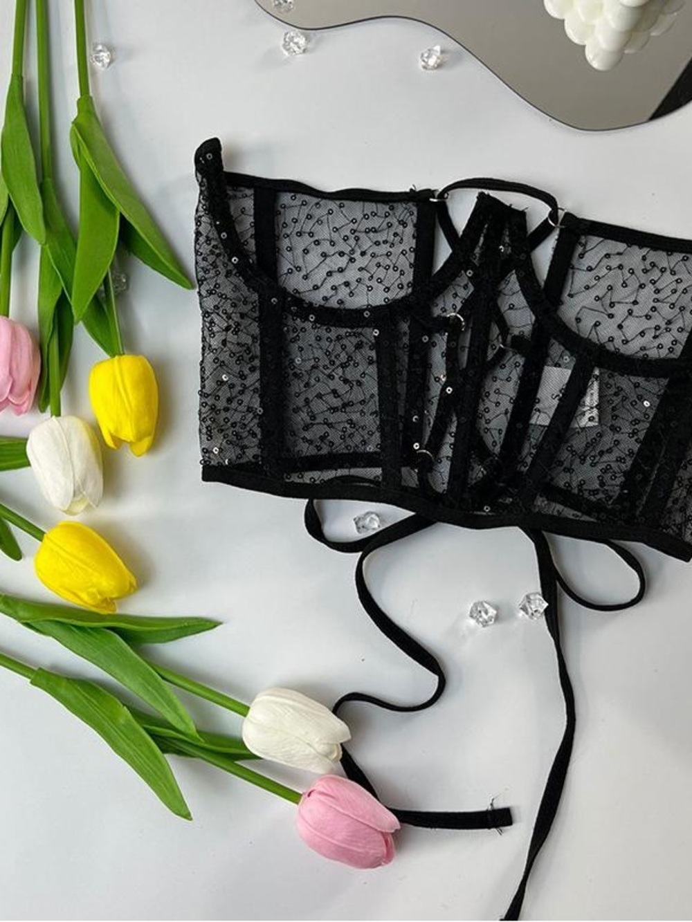 Black Lace Mesh Corset Top
